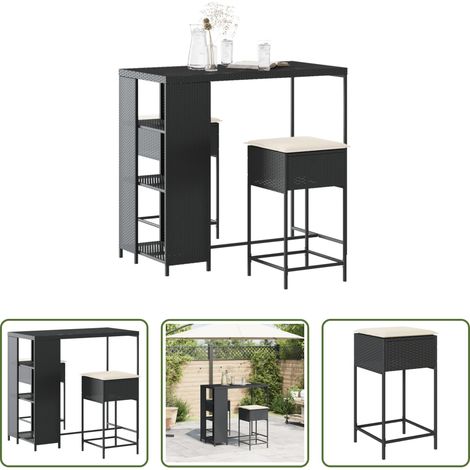 Gartenmöbel - 3-tlg. Gartenbar-Set mit Kissen Schwarz Poly Rattan (1/5)