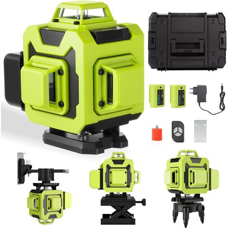 Niveau Laser Chantier Autonivelant 360° x 4, Lazer Niveaux 4D 16 Lignes Laser, Autonivellement et Mode Pulsé Extérieur, 2 x Batterie, Nivellement Automatique, Support Rotatif, Télécommande