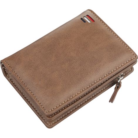 Portefeuille homme en cuir PU court marron kaki avec fermeture éclair, porte-monnaie à multiples emplacements pour cartes, usage quotidien (1/5)