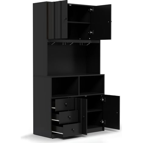 Aparador alto de cocina con LED, enchufes y portacopas 100x40x180 cm MDF negro MODENUIT (1/5)
