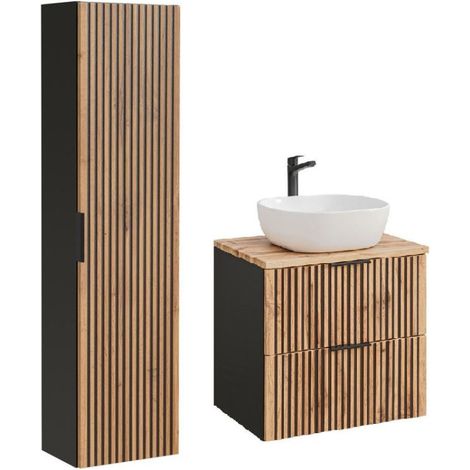 Ensemble meuble vasque à poser 60 cm + colonne Sylve Black Wotan - Livraison gratuite