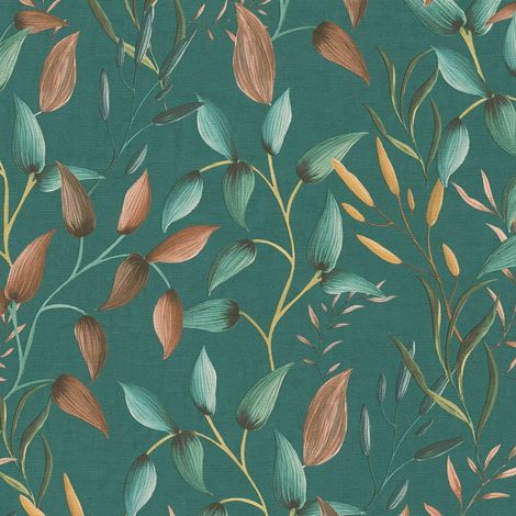 Country style wallpaper wall Profhome 397454 hot embossed non-woven wallpaper slightly textured with floral ornaments matt green teal orange yellow 5.33 m2