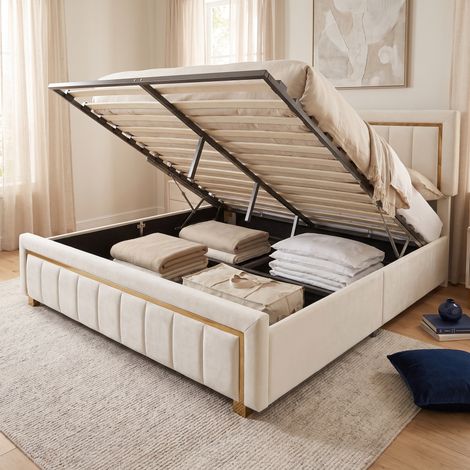 Lit coffre double 160x200 cm, lit adulte avec sommier relevable, Velours, style luxe, Beige (1/5)