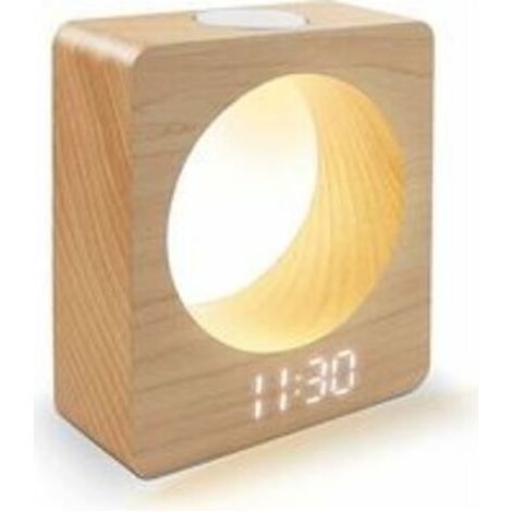 Réveil numérique à LED en bois massif (hêtre) avec veilleuse, 3 réglages d'alarme, détection de température (1/5)