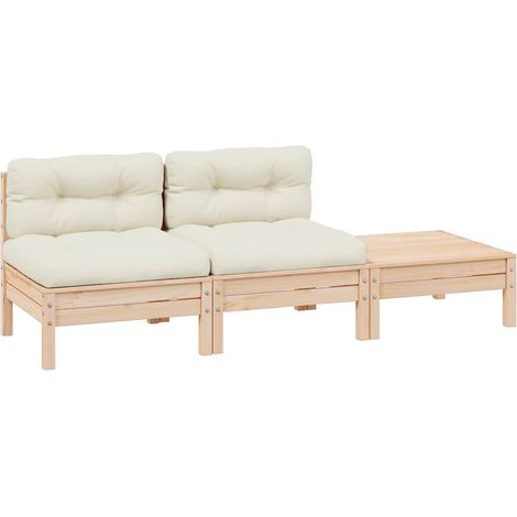 Muebles de jardín 3 piezas madera maciza pino con cojines crema vidaXL