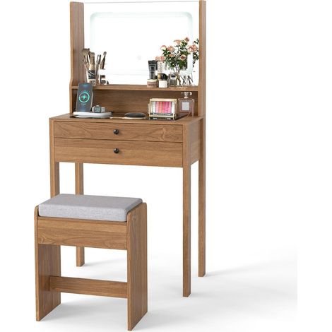 Coiffeuse avec miroir et lumières 64 x 40 x 132 cm 3 modes d'éclairage multiprise intégrée moderne en MDF naturel