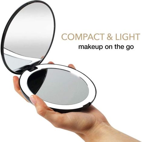 Specchio cosmetico portatile con illuminazione LED regolabile e ingrandimento 1x/10x, diametro 12,7 cm, ideale per viaggi, trucco preciso e routine di bellezza – finitura rosa elegante
