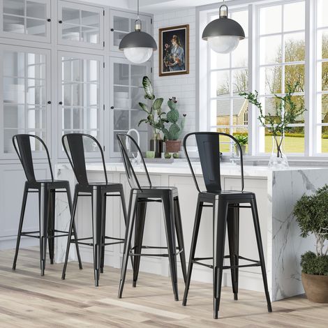 Lot de 4 tabourets de Bar Empilable Chaise de Bar Industriel avec Dossier Repose-Pied Hauteur d'Assise 76 centimètres métal Noir