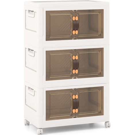 Armoire de Rangement à 3 Bacs Pliables et Empilables Roues Verrouillables Boîtes de Rangement Empilables pour Salon Chambre Placard Blanc Maison Chic (1/5)