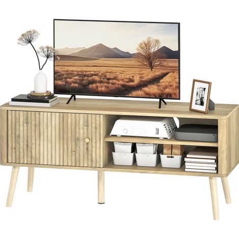 Mobile porta TV, mobile TV con anta, vani a giorno e ripiano regolabile, 115x35x49 cm, rovere