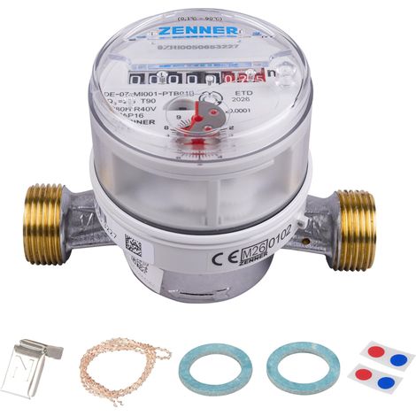 Contatore acqua di Zenner Q3 = 2,5, acqua fredda + acqua calda, BL 110 mm, 3/4 pollici, connessione/calibrazione 2026 con marcatura "CE M26 0102" sul lato del contatore. (1/5)