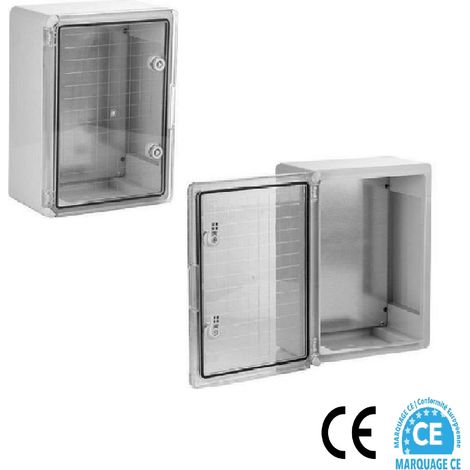 Coffret électrique étanche IP65 IK10 saillie – Porte translucide en polycarbonate – Dimensions H 280 x L 210 x P 130 mm – Fixation murale incluse