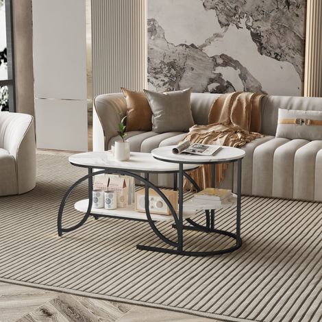 Tavolino basso, Tavolino da soggiorno, Tavolino a nido, Tavolino basso versatile e compatto – Design moderno e funzionale, Perfetto per soggiorno o piccoli spazi, Nero e bianco
