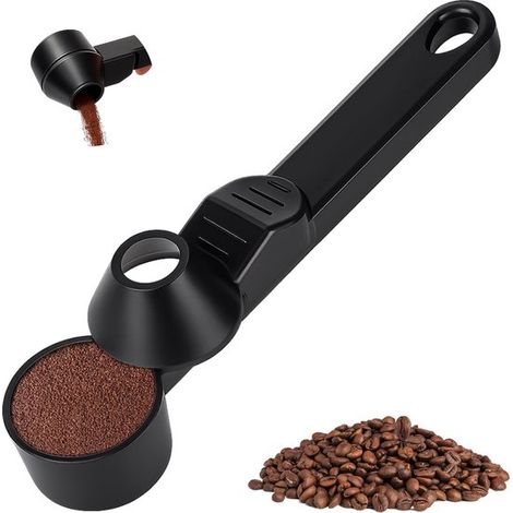 Cuchara medidora de café negra de 19,5 cm con mango largo, embudo y espátula niveladora. (1/5)