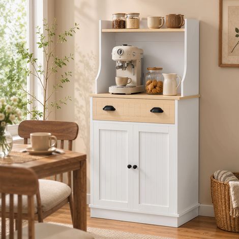Armoire micro-ondes cuisine chêne avec rangement ouvert, tiroir et meuble 2 portes, 61x35x125,4 cm, étagère four micro-ondes. (1/5)