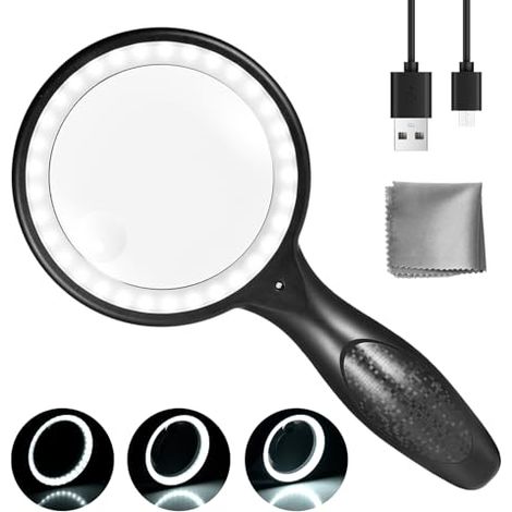 Lente d'ingrandimento da lettura con luce, ingrandimento 60X/30X con 33 LED, ricarica USB, 3 modalità di ingrandimento, elevata chiarezza e leggerezza per anziani, bambini, gioiellieri, hobby, nero