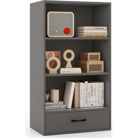 Bibliothèque grise en bois 4 niveaux avec tiroir et étagères ouvertes, dispositif anti-basculement pour chambre, salon et bureau (1/5)