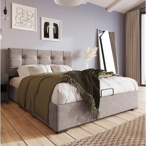 Cama tapizada moderna 90x200 cm de terciopelo gris claro, cabecero regulable, somier elevable con almacenaje (1/5)