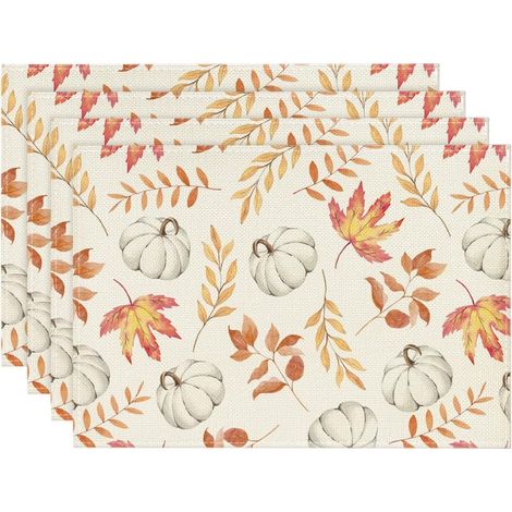 Set mit 4 herbstlichen Tischsets, orangefarbenen Kürbis-Ahornblättern, 30 x 45 cm, für Party, Küche, Esszimmer, Dekoration