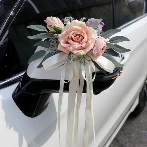 Lot de 2 Déco Mariage Voiture, Nœuds, Fleurs Artificielles, Rétroviseur, Champagne, Élégante, Fête, Original (1/5)