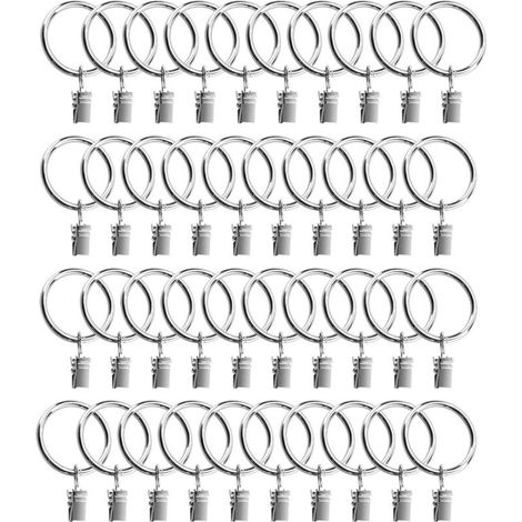 [NIEMALS VERWENDET] Set mit 40 Gardinenringen, Gardinenclips, Gardinenclips mit 35 mm Durchmesser Ringen für Fenster- und Duschvorhänge (Silber)