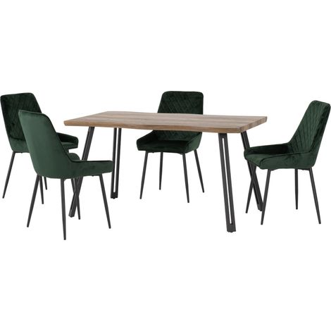 Quebec Wave Edge Dining Set with Avery Chairs - Medium Oak Effect/Black/Emerald Green Velvet (1/5)