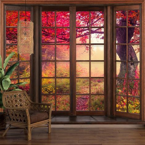 Papier peint panoramique Trompe l'oeil Fenêtre en bois - Arbres feuilles rouges - 130 cm x 104 cm (1/5)
