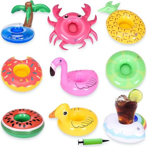 Lot de 9 porte-gobelets gonflables en PVC avec pompe à air, multicolores, tropicaux, pour pool party, fruits, animaux, gonflage rapide. (1/5)