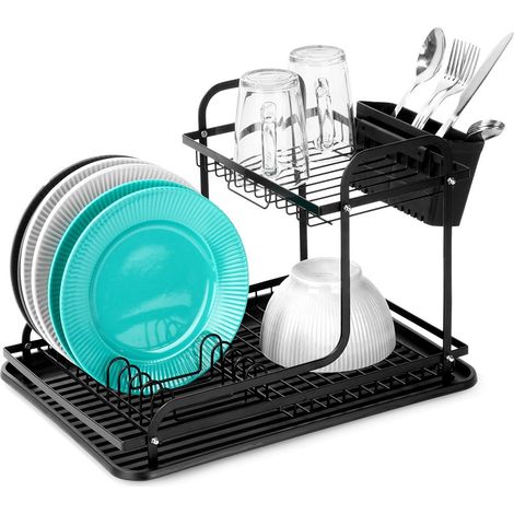 Escurridor de platos negro de 2 niveles, 42,5 x 32 x 29 cm (1/5)