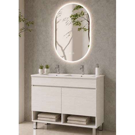Meuble de salle de bain avec pieds avec vasque extra-plat ORIGENBATH NEBARI sans miroir 120x45 cm double vasque blanc nordique