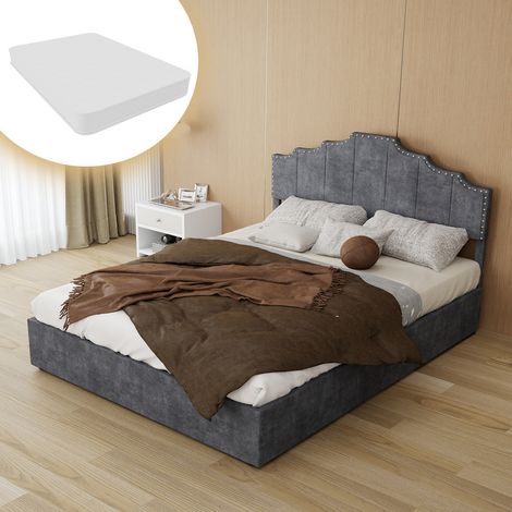 Cadre de lit moderne minimaliste, 140200CM, gris, en velours hollandais, coffre bas, meuble de chambre au style moderne, sans vérin à gaz, sans tête de lit ni matelas. (1/5)