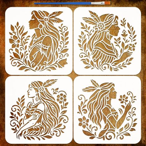 4Pcs Pochoir Vigne Femme Indienne avec Pinceau, 20x20cm Réutilisable Pochoirs Peinture Femmes Amérindiennes Modèle de Dessin Thème Humain pour Peinture sur Bois Mur Meuble Tissu (1/5)