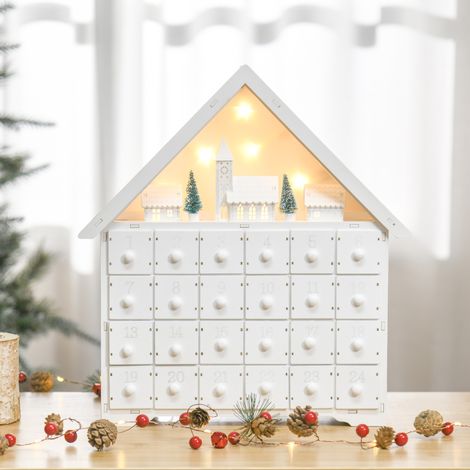 Adventskalender aus Holz mit 24 Schubladen und Weihnachtsdorf mit Bäumen und Lichtern, 39 x 9 x 42 cm