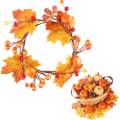 Couronne Automne,Couronne Automne Porte,Couronne Feuilles Automne,Couronne d'automne Artificielle,Feuille d'Erable Citrouille Baie Guirlande pour Automne Halloween Thanksgiving Décoration (1/5)