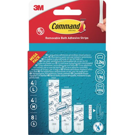 Lot de 2 languettes adhésives amovibles pour salle de bains Command™ 17200B-16-EU-VP, 8 petites languettes + 4 moyennes + 4 grandes languettes par paquet, Multi-Pack (1/5)