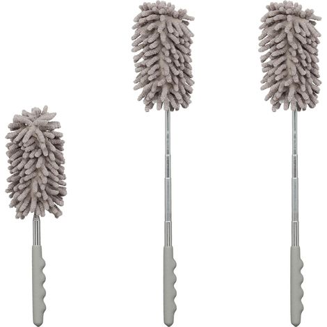 Relaxdays 3 Plumeros Telescópicos, Limpiadores de Polvo Lavables, Atrapapolvo Hogar y Coche, Extensibles 28-77 cm, Gris