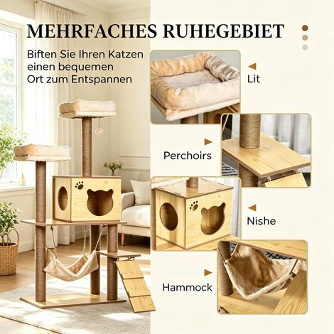Arbre à chat en bois souple grimpant, centre d'activité multi-niveaux, uniquement avec arbre à chat (1/5)