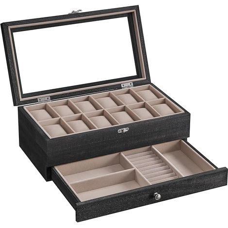 Coffret à montres à 12 compartiments, en bois massif, avec couvercle en verre, équipé de coussins pour montres, idéal pour ranger des bijoux. (1/5)