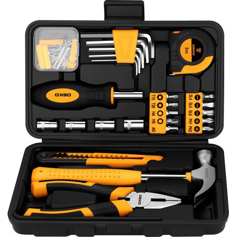 Mallette à Outils 94 Pièces, Caisse à Outil Complete Bricolage avec Clé, Pince, Marteau à Panne Fendue, Ensemble d'outils pour Maison, Bureau et Entretien Quotidien, Jaune (1/5)