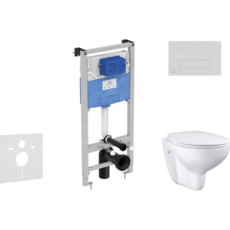 Ideal Standard ProSys - Ensemble pour WC suspendu, cuvette et abattant Bau Ceramic, Plaque de déclenchement Oleas M2, Rimless, SoftClose, chrome mat ProSys120M SP62