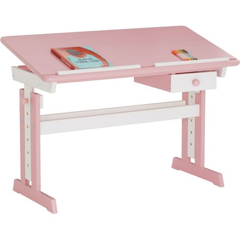 Idimex – Bureau enfant réglable en hauteur 62-98 cm – Plateau inclinable 0-37° – Pin massif lasuré blanc et rose – Tiroir de rangement (1/4)