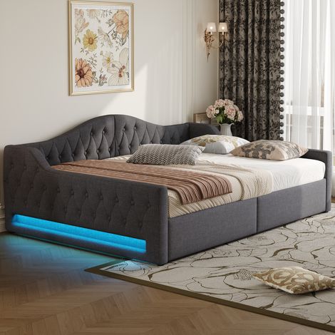 Canapé de journée rembourré 140x200 avec ceinture LED et rangement en dessous,gris