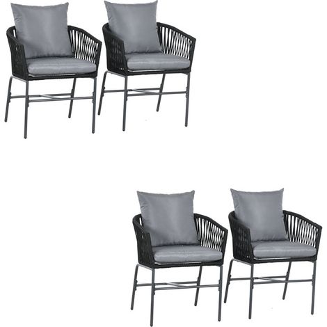 Gartenstühle 4er-Set mit Kissen, belastbar bis 120 kg, geschwungener Sitzschal im Boho-Stil, Metallrahmen 57 x 60 x 71 cm, Schwarz