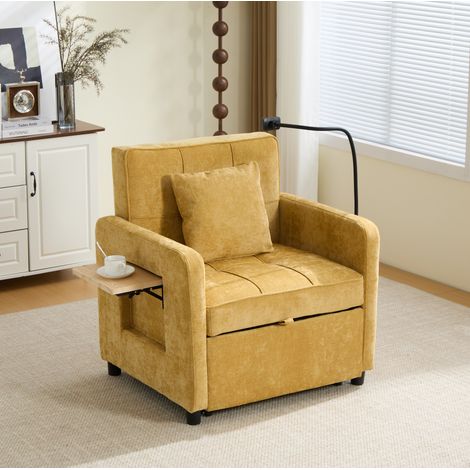 Poltrona letto 167x79x83 cm giallo senape in ciniglia 2 in 1 con schienale reclinabile e contenitori (1/5)