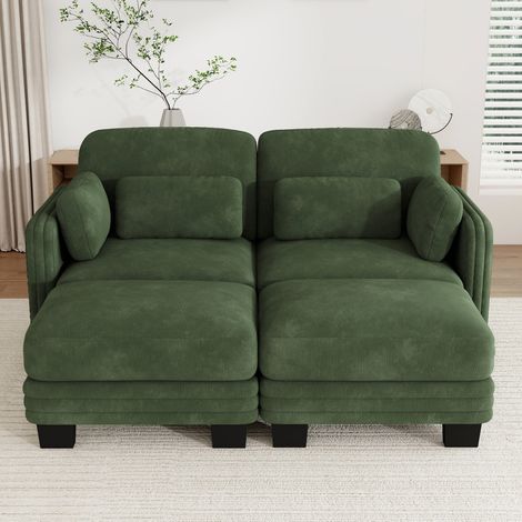 Canapé modulable 2 places 176x143x88 cm en tissu chenille vert avec 2 poufs, pour salon – MEUBLIV (1/5)