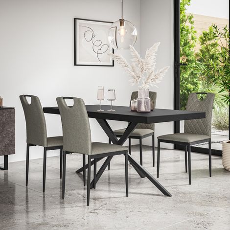 Donni Dining Table And Chairs - Black Table Top w Black Legs + Monza Linen Dining Chair Set Of 6 (Grey) (1/5)