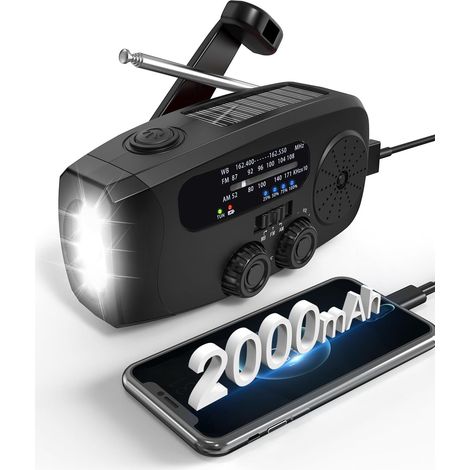 Ra d'urgence à manivelle avec lampe torche LED, AM/FM portable, comprend un chargeur de téléphone portable de 2000 mAh (noir). (1/5)