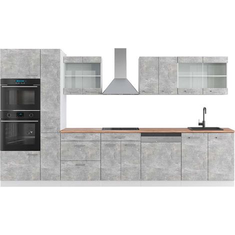 Küchenzeile R-Line, Beton/Weiß, 350 cm mit Hochschrank, AP Eiche, Vicco (1/5)