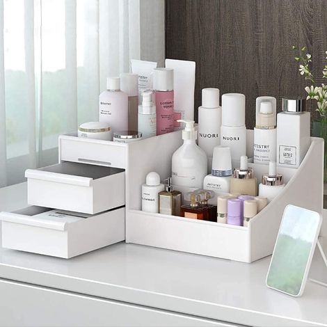 Boîte de rangement cosmétique grande capacité pour maquillage, organisateur de soins de la peau, boîte de rangement pour bijoux (blanche)