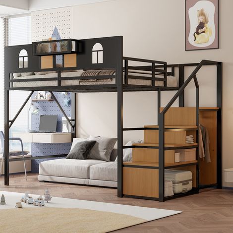 Letto a soppalco 140x200 cm nero in metallo con scala contenitore e ripiano (1/5)